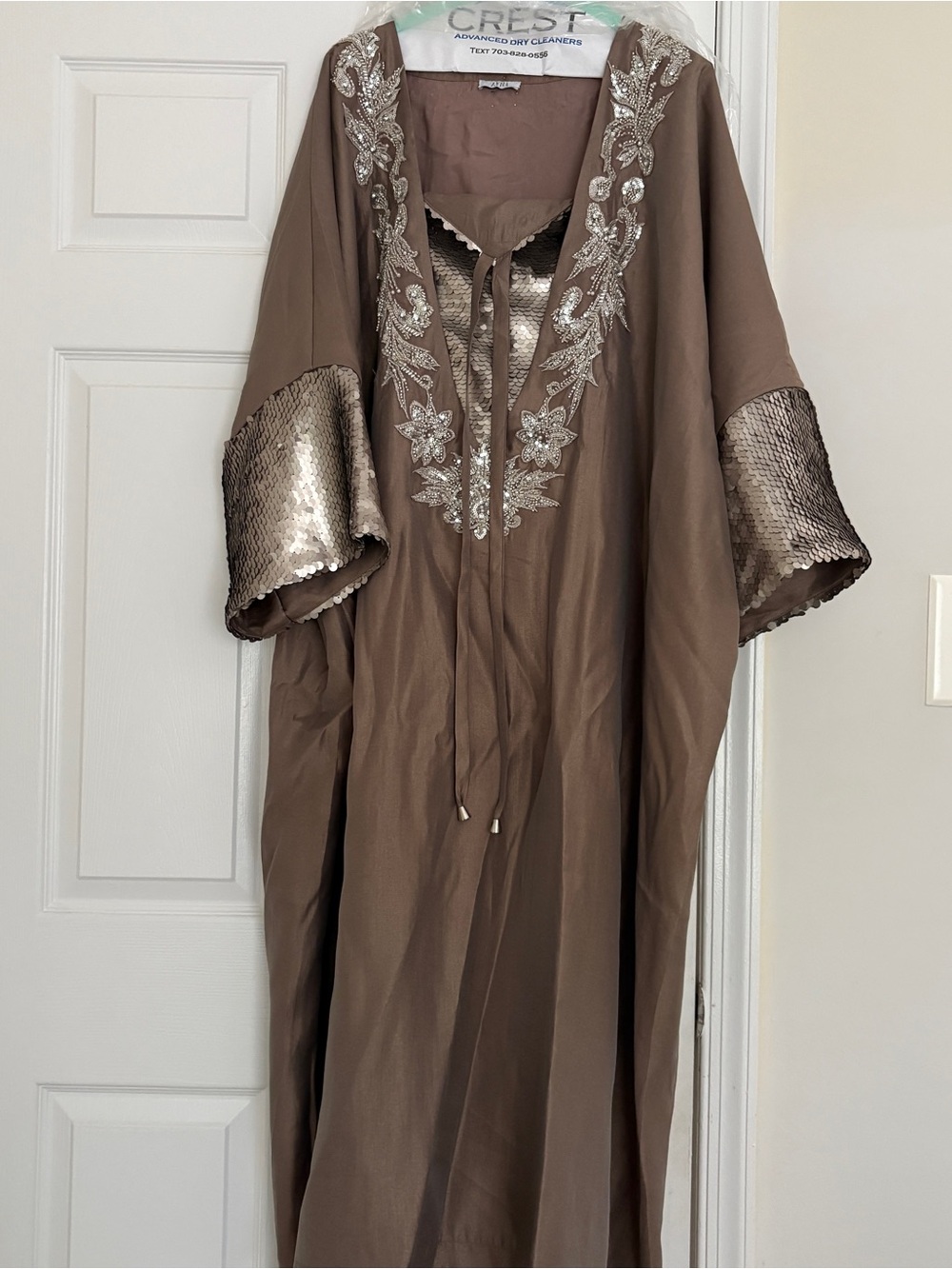 Taupe Embellished Abaya Maxi Dress with Sequin Cuff Detail